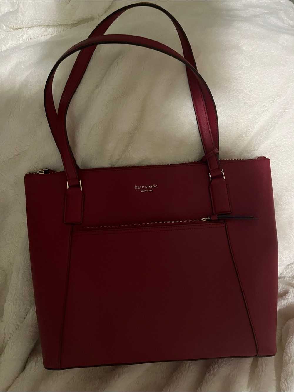 kate spade red leather tote with front zip pocket